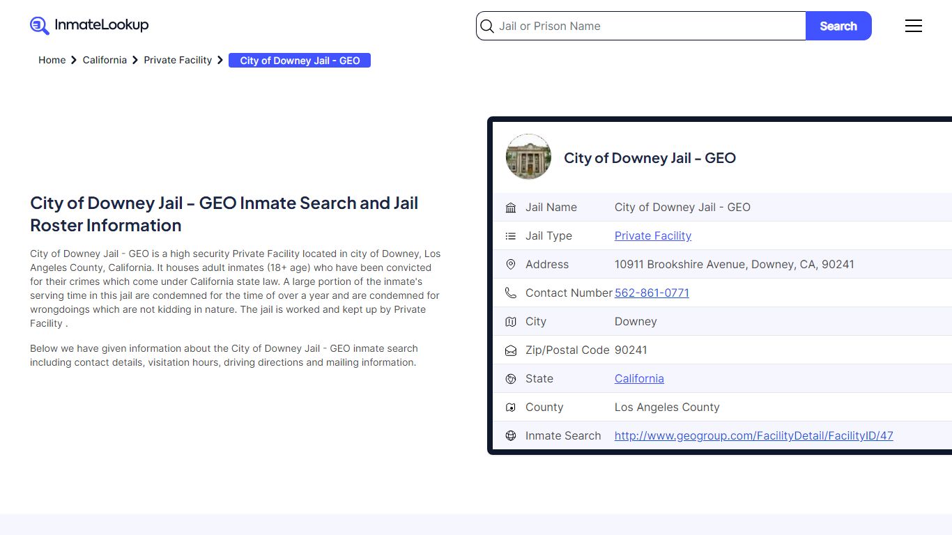 City of Downey Jail - GEO (CA) Inmate Search and Jail ... - Inmate Lookup